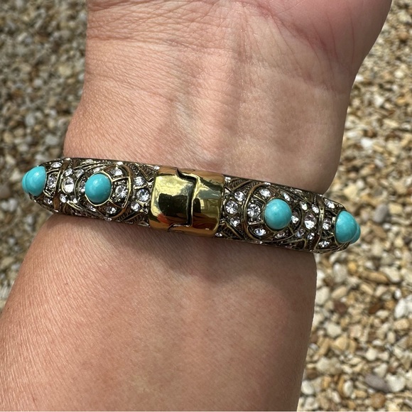 Heidi Daus Coral and Turquoise Hinged Bangle on a Gold toned Backdrop - Picture 7 of 9